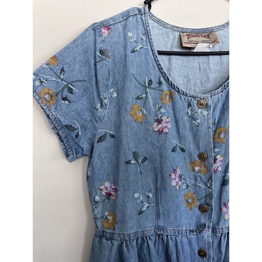 VTG 90s Studio Ease Floral Denim Dress Size 10 Blue Denim Floral Button Prairie - Picture 4 of 16